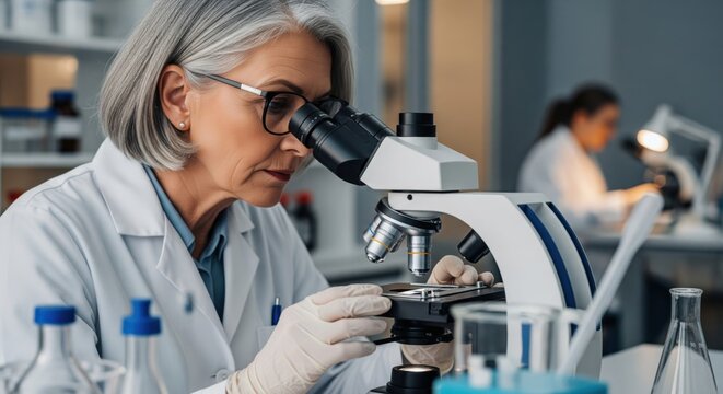 Pharmaceutical research and development concept showing senior scientist using compound microscope in modern laboratory highlighting drug discovery experience precision scientific innovation