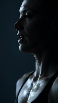Sweaty Profile of Muscular Female Bodybuilder in Dark Gym