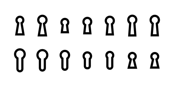Keyhole icon set. Black key hole privacy symbol collection. User interface design element set. Line art graphic design.