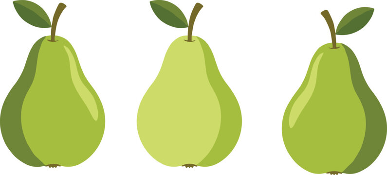 Set of three fresh green pears with leaves isolated on white background.