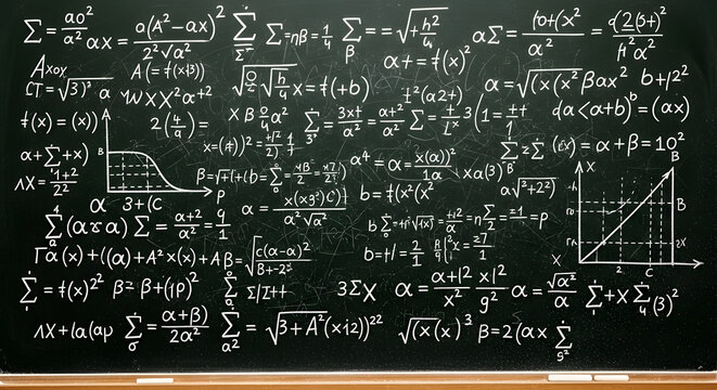 Mathematical formulas and equations on a dark chalkboard complex calculations high quality professional detailed modern elegant