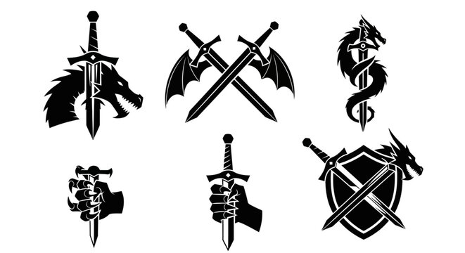 Set of Black Silhouette Icons Featuring Dragons Swords Shields and Hands