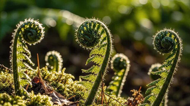 Fern Fiddleheads in Sunlight ideal for travel vlogs and eco-friendly campaigns