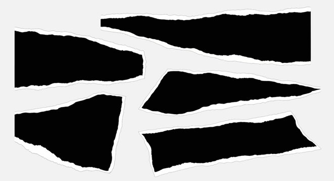 Set of Black Torn Paper Strips with Rough Edges on White Background