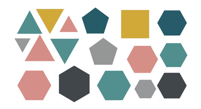 Set of Colorful Geometric Shapes and Polygons on White Background