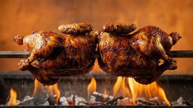 Juicy chickens grill skewered on iron stick, orange background, fiery flames behind, rich juices, 4K video