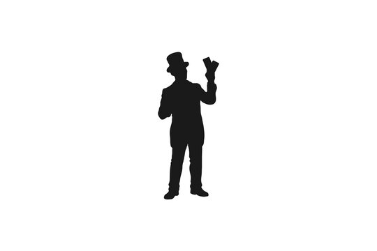 Wealthy businessman silhouette wearing a top hat holding banknotes