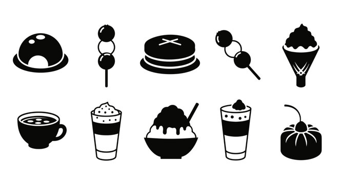 Black and white dessert icons set.