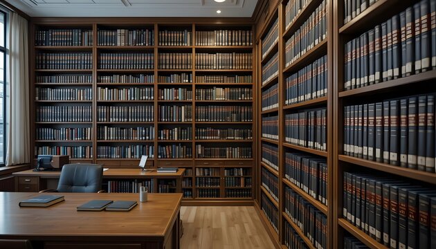 Traditional library interior with tall wooden bookshelves filled with leather bound volumes and desk