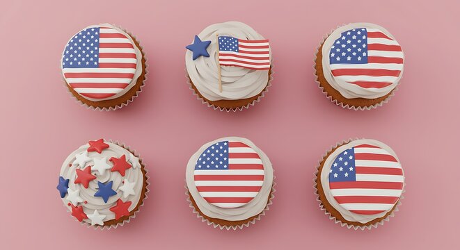American flag cupcakes with stars on pink background for Independence Day celebration dessert