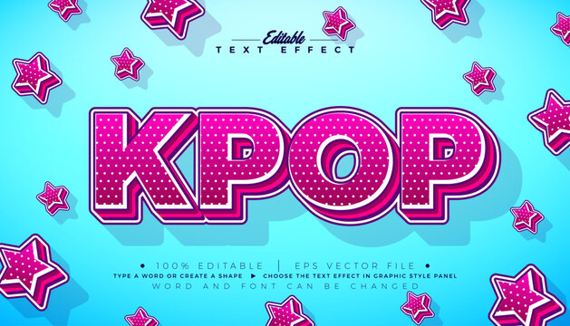 K Pop Editable Text Effect Design Modern Korean Trend Graphic Style with Star and Typography Lettering on Blue Background. Premium Illustration Mockup Template for Greeting Card, Flyer, Banner