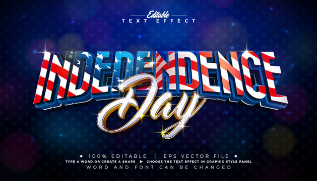 4th of July Independence Day Text Effect Design Editable Vector Graphic Style with United States of America Flag Pattern Typography on Blue Star Texture Background Memorial or Veteran Day Customizable