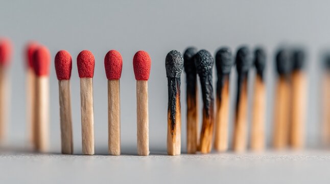 Burnout and energy depletion matches in a row some unused and some burned representing mental health stress and the importance of self-care and preventing exhaustion. High quality photo
