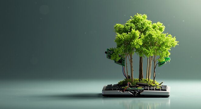 Green trees growing on computer circuit board technology and nature fusion eco friendly innovation concept