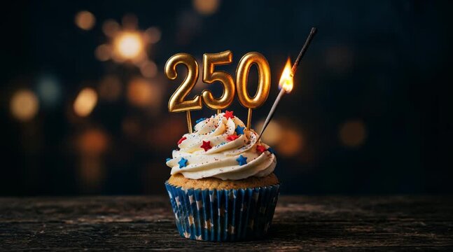 Burning sparkler on a festive 250th anniversary cupcake with stars and bokeh