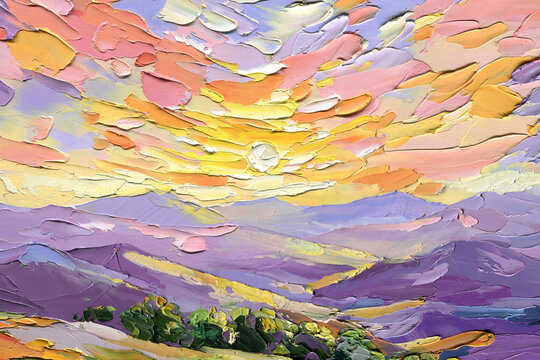 Sunset mountain landscape impasto oil painting with purple hills golden sky and pastel clouds for colorful wall decor