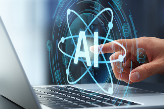 Quantum AI combining quantum computing and artificial intelligence. High-performance data processing technology. Businessman tapping AI icons on laptop keyboard.