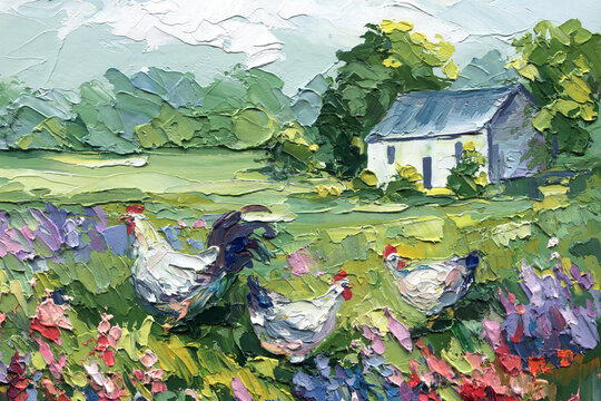 Chicken garden farmhouse impasto oil painting with rooster hens white cottage green hills and spring flowers for rustic wall decor