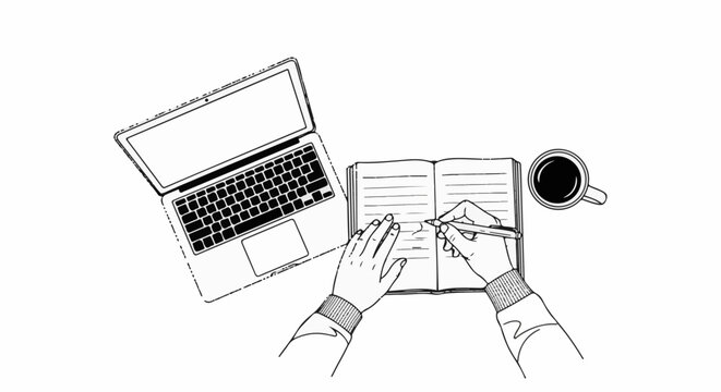 Overhead view of hands writing in journal next to laptop and coffee