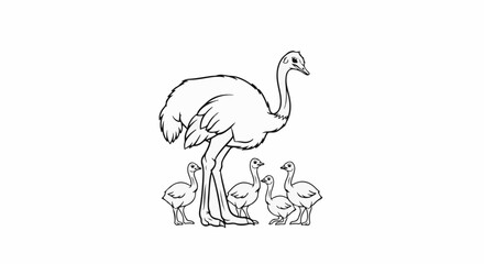 Fototapeta premium Parent ostrich and its young chicks standing together in a line