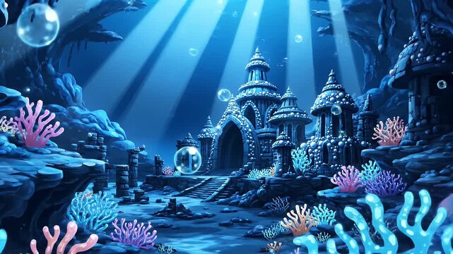 Underwater palace illustration with coral and sea life in vibrant cartoon style