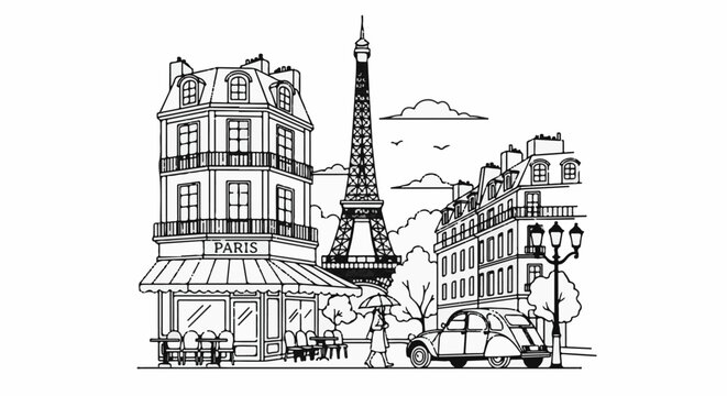 Parisian street scene with Eiffel Tower, buildings, cafe, people, and car