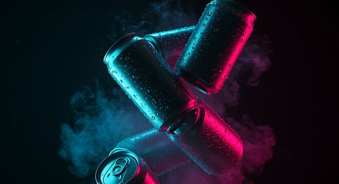 Four soda cans with water droplets on a dark background with smoke and neon lights, cold drinks
