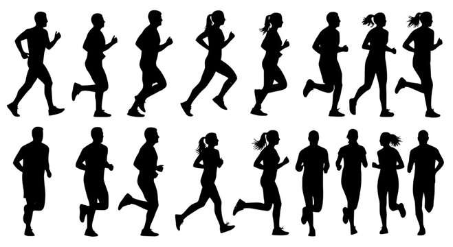 Running men and women, isolated vector silhouettes. Run, side view. Silhouettes of athletic looking male and female runners running. Transparent SVG version.