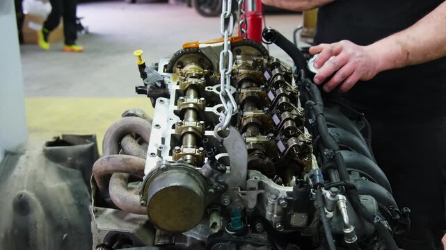 Mechanic hands support car engine transported by hoist in repair shop closeup. Professional technician controls vehicle motor replacing at station