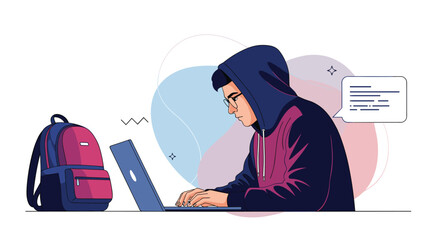 Obraz premium Young person in a hoodie and glasses working intently on a laptop computer with a backpack and speech bubble icons.