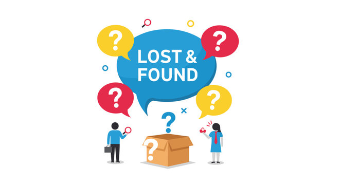 Lost and found service concept with people searching for items in a box and asking questions through speech bubbles.