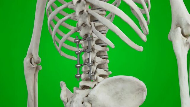 Human spinal column with metal implant fusion on green screen background, detailed vertebrae alignment, medical radiography illustrating back pain treatment, orthopedic surgery concept, 4K video