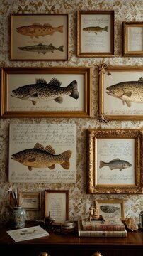 Vintage fishing-themed wallpaper with framed realistic fish prints including a central yellow bogue illustration, hand-written text on white paper with gold borders, decorative wall design.
