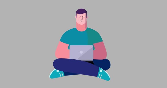 Animated man sitting yoga pose laptop isolated. Cartoon animation of businessman smiling working. Business explainer flat design people serie movie. Male position with computer work scene video.