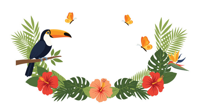 Tropical nature border with exotic birds flowers and butterflies on palm leaves creating a vibrant jungle frame decoration.