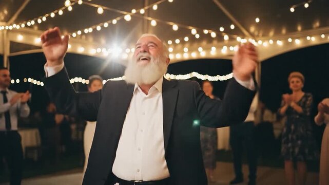 Elderly man joyfully dancing at a festive outdoor party under string lights, celebrating with friends in a lively and warm evening atmosphere.
