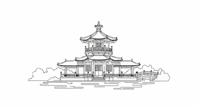 Ornate multi-tiered traditional East Asian building with ornate rooflines and lush foliage