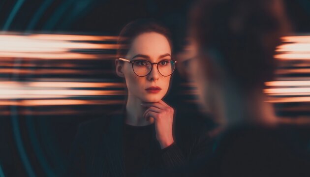 Deep contemplation and self-reflection woman with glasses looking at her reflection in mirror with pensive expression. High quality photo