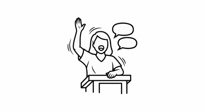 Person at a podium with raised hand and speech bubbles