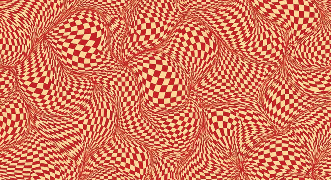 Vibrant red and yellow checkered optical illusion pattern background with swirling shapes and hypnotic curves