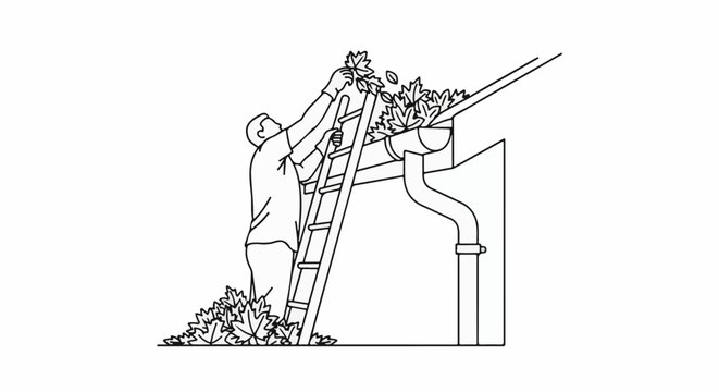 Person cleaning leaves from a gutter on a ladder, with pile on ground