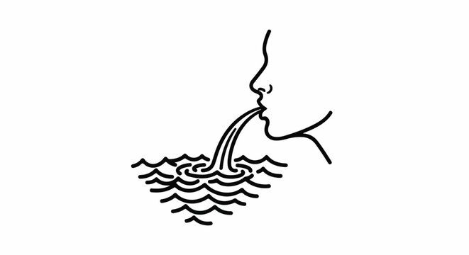 Minimalist line drawing of a person's face spitting water into waves