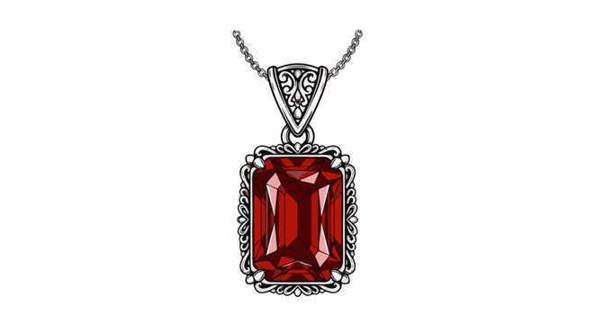 Ornate silver pendant featuring a large, rectangular faceted red gemstone
