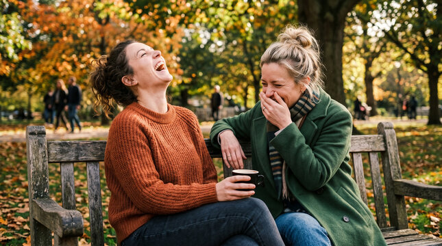 Two laughing women friends sitting on park bench in autumn