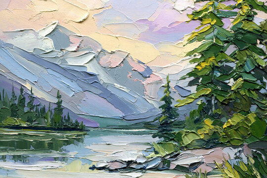 Mountain lake forest impasto oil painting with evergreen trees blue peaks and soft pastel sky for calm cabin wall decor