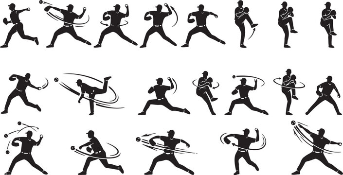 Baseball Pitcher Silhouette Set &ndash; Professional Pitching Poses and Throwing Motion Icons.
