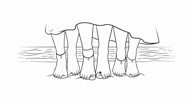 Multiple bare feet with anklets and rings stand on a sandy ground near water
