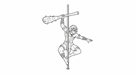 Obraz premium Muscular figure with beard and loincloth performing athletic move on pole