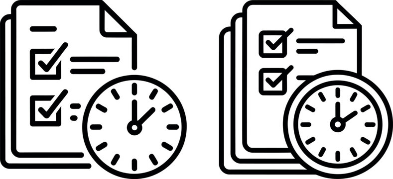 Checklist icons with ticking boxes and clocks representing task completion and time management tick box checklist completion schedule management
