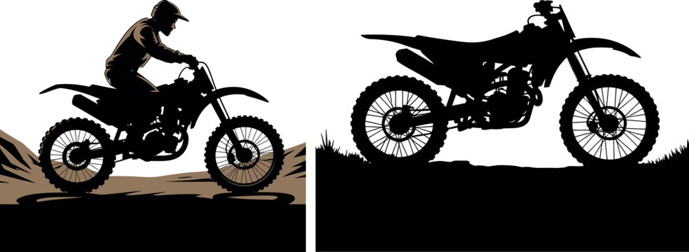 Motocross rider silhouette on a dirt bike on a rough track with extreme sport trail riding motocross motorcycle silhouette adventure transport